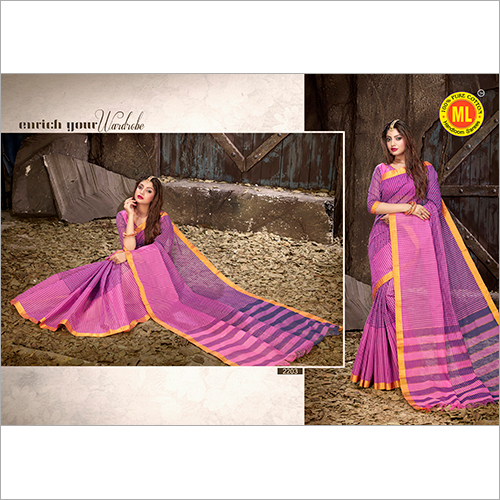 Cotton Saree - Cotton Silk Fabric, Pink Color, Plain Pattern - Elegant Laces Closure Design