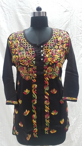 Multicolor Ladies Cotton Embroidery Black Gala Buti Kurti / Top