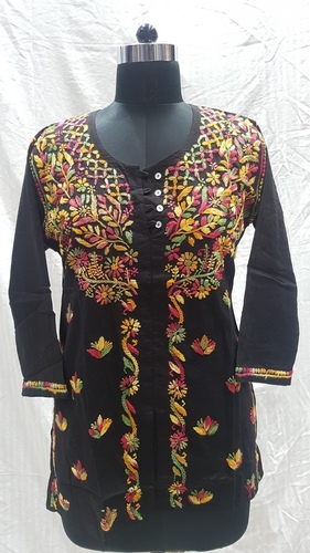 Ladies Cotton Embroidery Black Gala Buti Kurti / Top