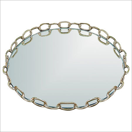 Contemporary Serving Trays - Glass and Metal, 14 Inch Diameter, Gold | Mirror Surface, Chain Border, Elegant Durable Design
