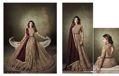 Exclusive Long Anarkali Suit - Beige Handcrafted Embroidery, Beads, Diamonds & Zari Work | Customizable Sizes 36-42, Matching Two Tone Velvet Dupatta