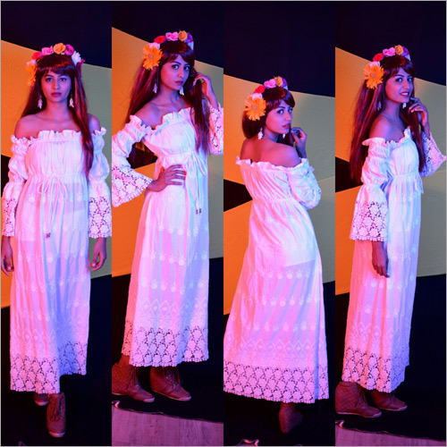 Ladies White Cotton Off Shoulder Maxi