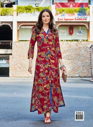 Ladies Fancy Kurti - Rayon, Customized Sizes (XXS to XXXL), Red, 3/4th Sleeve, Printed A-Line | Washable, Suitable for All Seasons
