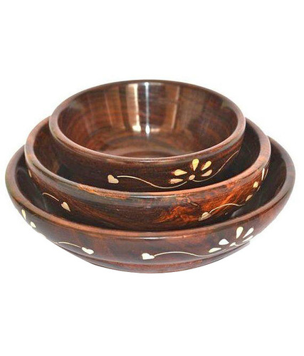 Brass Inlaid Hand Carved Wooden Bowls