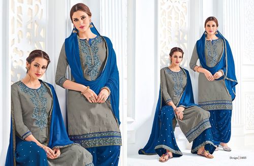 Patiala Dress Materials - Cotton Satin & Rayon, Gray, 12 Pieces | Elegant Style, Intricate Embroidery, Comfortable Fit