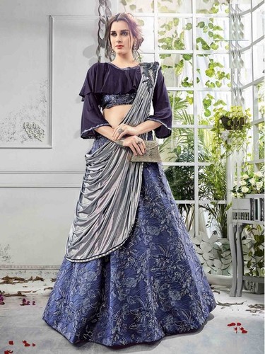 Lehenga Choli - Silk Fabric, 44 Inch Length, Blue Color | Designer Style, 3/4 Sleeve, Hand Embroidery