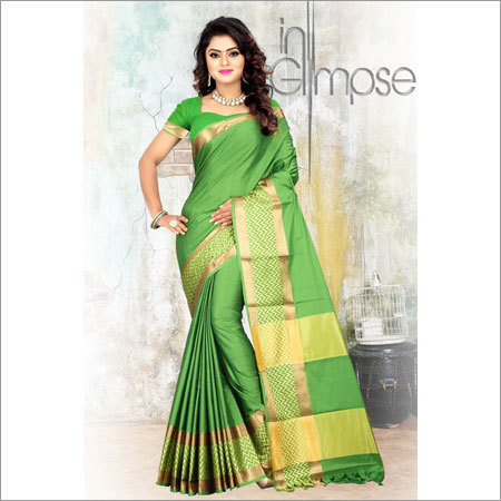 Ladies Green Polyester Cotton Saree