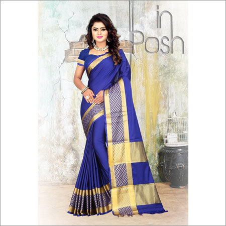 Polyester Cotton Blue Saree