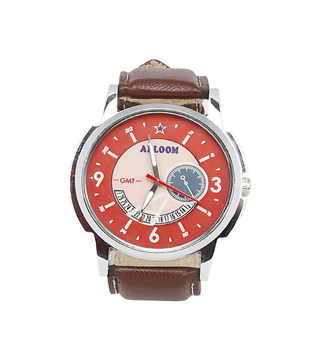 Mens Black & White Wrist Watch - Synthetic Material, Free Size, Round Shape | Red Accents, Brown Band, Fashion Style, 299 Grams