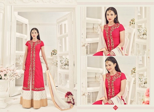 Designer Anarkali Suit - Silk Blend, Sizes 36-42 | Red & Cream Two-Tone with Zari Embroidery, Matching Heavy Nazneen Dupatta