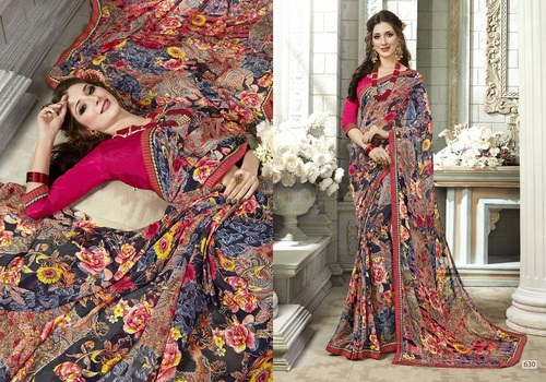 Ladies Printed Saree - Georgette Material, Blue Floral Print Design | Matching Blouse for Official Look