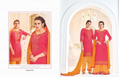 Pink & Yellow Cotton Satin Punjabi Suit