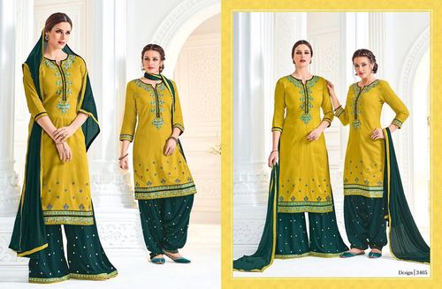 Mustard & Green Embroidery Work Patiala Suit Wholesaler