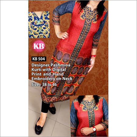 Red Designer Pashmina Kurti With Digital Print And Hand Embrodered Kurti