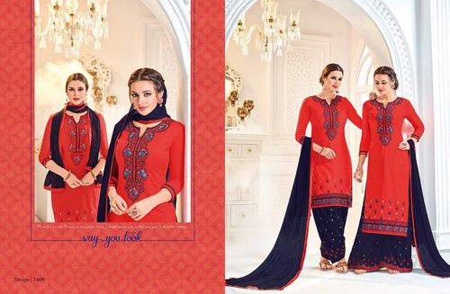 Orange & Navy Blue Cotton Satin Patiala Suit Wholesaler In Surat