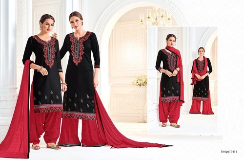 Cotton Black & Red Combo Patiyala Suit