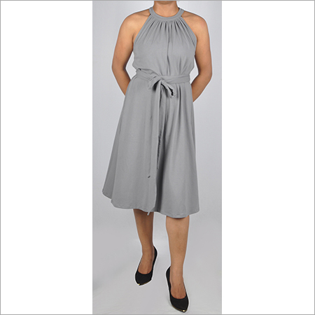 Cotton Hdd-715-03-Gather Neck Sleeveless Dress With Belt Front