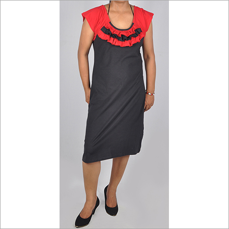 All Hdd-715-06-Knee Length Tunic Dress With Designer Neck In Dual Color-Front