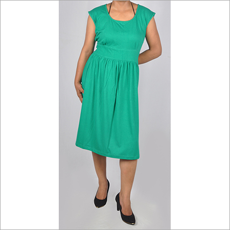 Green Hdd-715-07-Knee Length Tunic Dress With Waist Band-Front