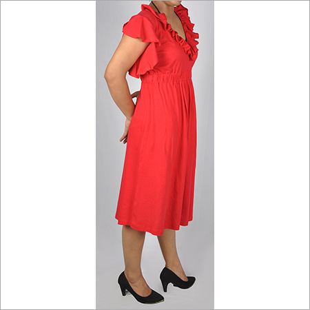 All Hdd-715-08-Frill Neck And Sleeves Knee Length Tunic Dress -Side