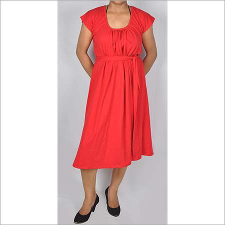 Orange Hdd-715-09-Cotton Lycra Tunic Dress With Belt And U-Collar-Front