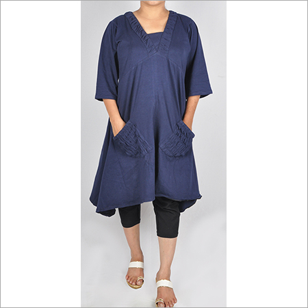 Blue Hdd-715-11-Asymmetrical Dress With Designer Front Pocket-Front
