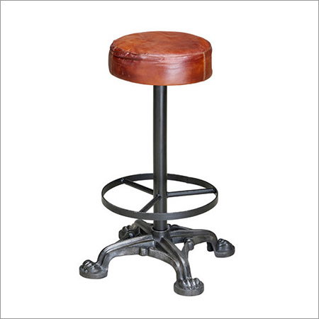 Bar Stool With Cast Iron Base & Leather Seat