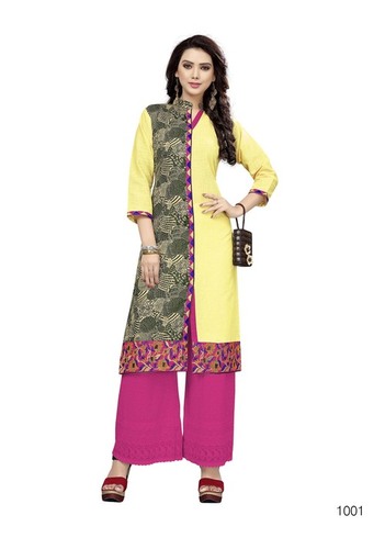 Slub Cotton Embroidery Kurti - 50 Inches Length, M-XXL Sizes | Full Sleeves, Casual Ethnic Style, Yellow and Mix Pattern