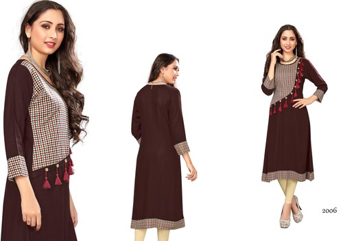 Women Kurta - Rayon Material, Sizes L-XXL, 50 Inches Length, Brown Color - Full Sleeves, Ethnic Indian Style, Formal Dress