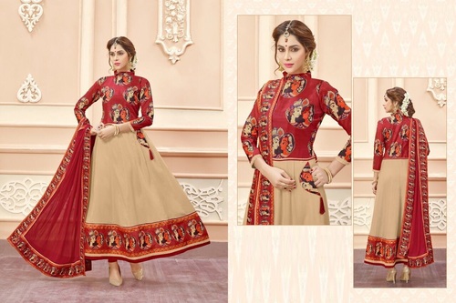 Beige & Red Rayon Cotton Designer Anarkali Salwar Kameez
