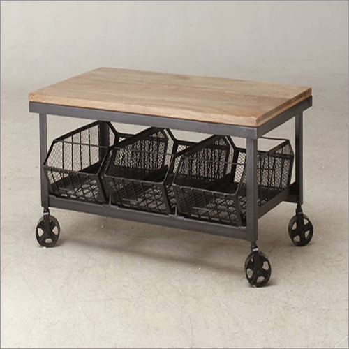 Industrial Coffee Table With Wire Basket No Assembly Required