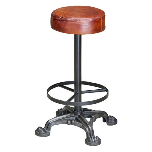 Bar Stool with Cast Iron Base & Leather Seat