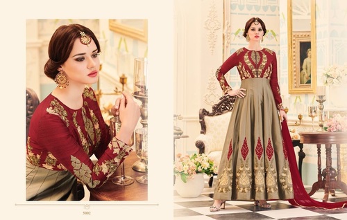 Grey & Maroon Taffeta Silk Anarkali Suit