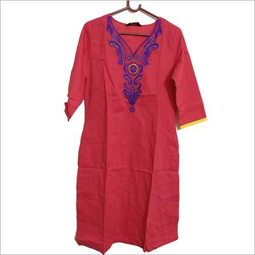 Jeshree Kurtis - Cotton, Knee-Length, Pink | Floral Embroidery, Comfortable Fabric, V-Neck, 3/4 Sleeve