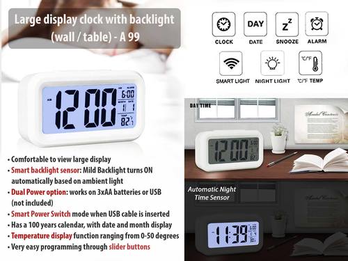 LARGE DISPLAY CLOCK WITH BACKLIGHT - Plastic Material, LED Display, Dual Power Option | 100 Year Calendar, Smart Backlight Sensor, Touch Control, Temperature Display