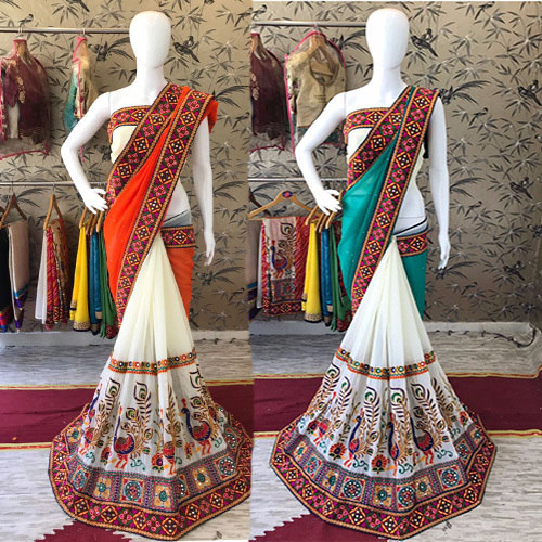 Georgette Saree - Embroidered Kutchi Mirror Work | Elegant Design for All Occasions, Includes Matching Blouse
