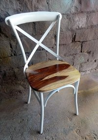 Cross Back Industrial Metal Chair With Wood Top No Assembly Required