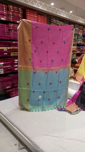 Pink & Yellow Linen Saree With Resham Jamdani Butta