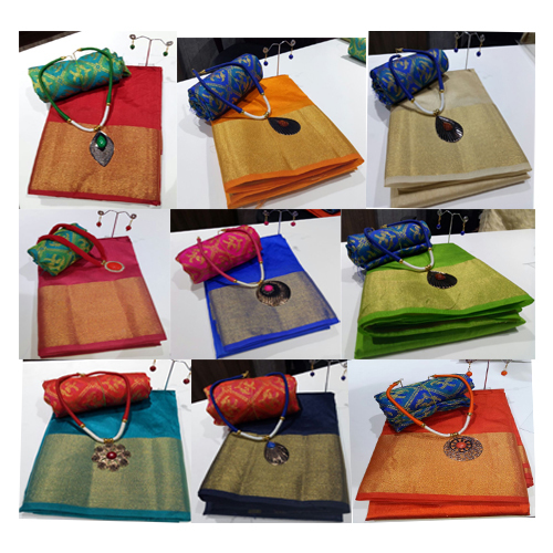 Soft Tusser Silk Saree - Unstitched Heavy Brocade Blouse, Fancy Necklace & Earrings | Available in 10 Vibrant Colors for All Seasons