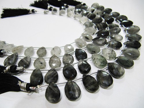 Natural Genuine Black Rutilated Quartz Pear Shape Briolette Beads