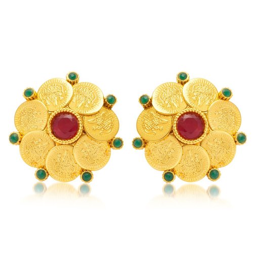 Gold Plated Temple Jewellery Coin Earrings - Copper, Elegant Design | Perfect for Women, Ideal for Weddings, Engagements, and Special Gifts, adorned with Rhinestone