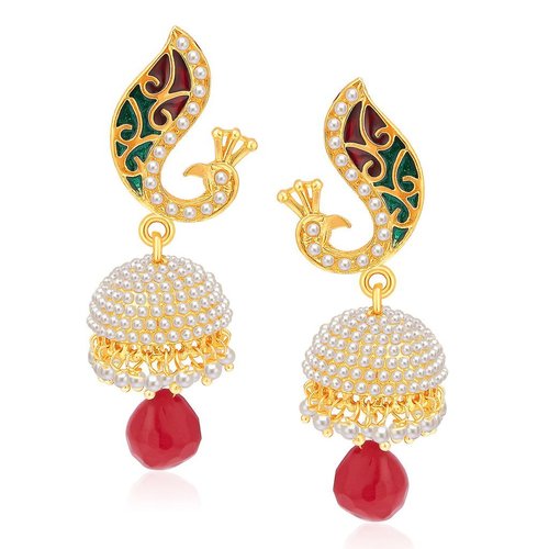 Peacock Gold Plated Pearl Drop Jhumki Earrings - Alloy, Elegant Design with Crystal & Rhinestone | Perfect for Weddings, Engagements, and Parties