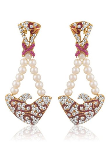Lavish Gold Plated Pearl Drops Earrings - Alloy, Elegant Design with Rhinestone Accents | Perfect for Weddings, Anniversaries, Parties & Engagements
