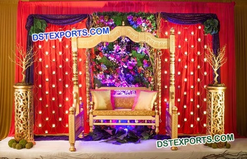 Gold Marriage Jhula - Customized Wood Build 2-Seater Swing | Elegant Design Comfortable Cushions Versatile Event Use