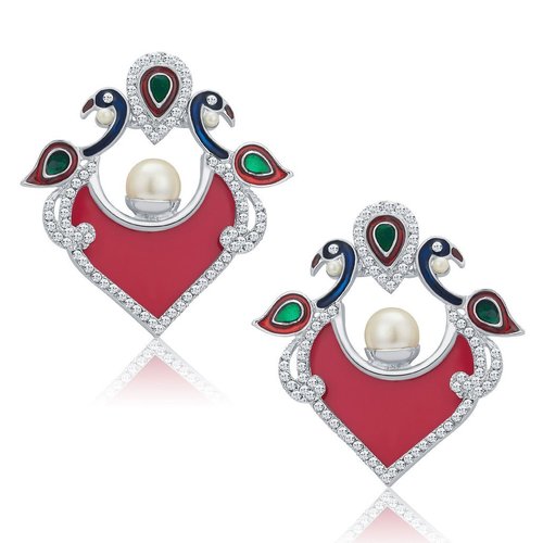 Pecock Shape Rhodium Plated AD Stud Earrings