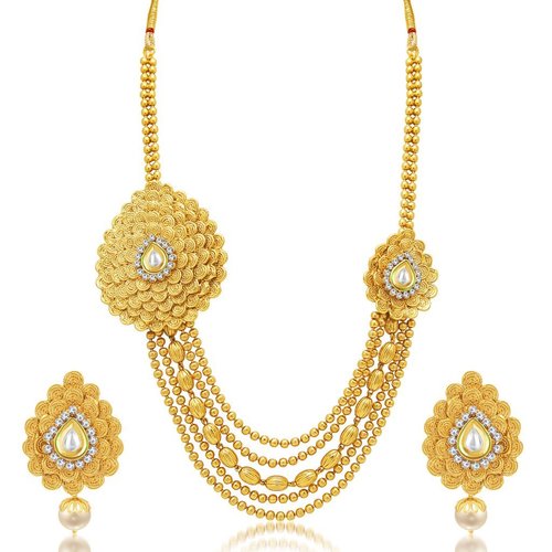 Jalebi Necklace Set - 5 Layer Gold Plated Alloy Design , Traditional Imitation Jewelry with Rhinestone Accents for Women