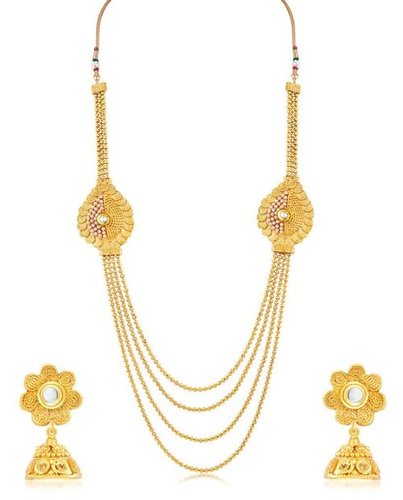 4 String Jalebi Necklace Set - Alloy Composition, 26 cm Length, 90 Grams Weight | Gold Plated, Rhinestone Accents, Perfect for Weddings and Parties