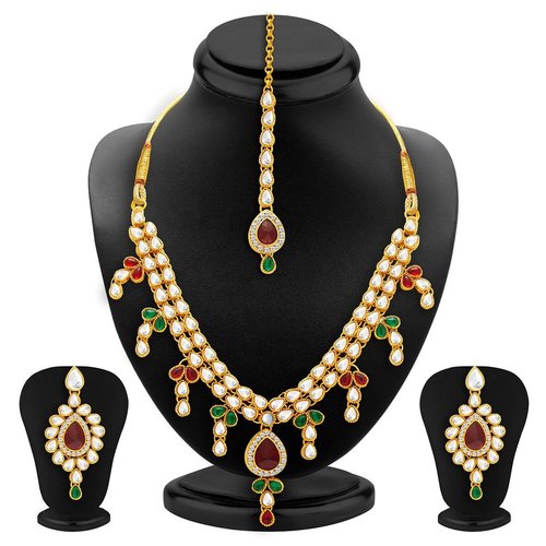 Green And Red Gold Plated Kundan Necklace Set