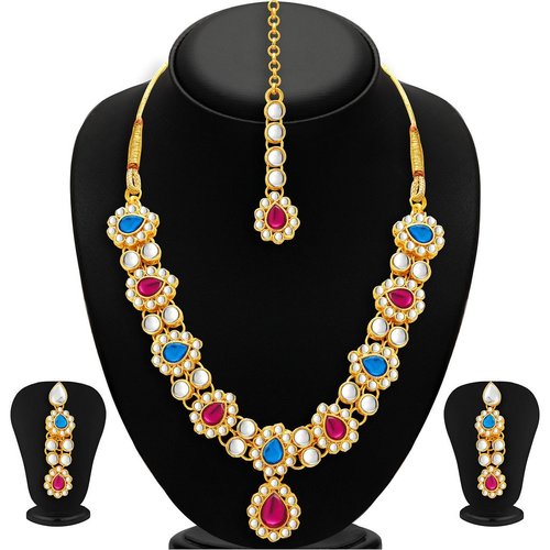Kundan Necklace Set - Gold Plated Alloy Includes Necklace Earrings Mangtikka for Special Occasions