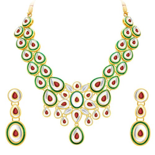 Peacock Leaf Gold Plated Kundan Necklace Set